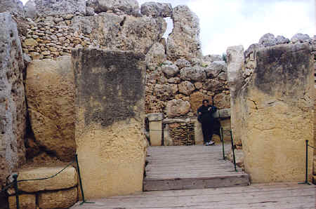 Pam on her 55th birthday entering Ggantija, Gozo, 1999, copyright Peter Palmquist
